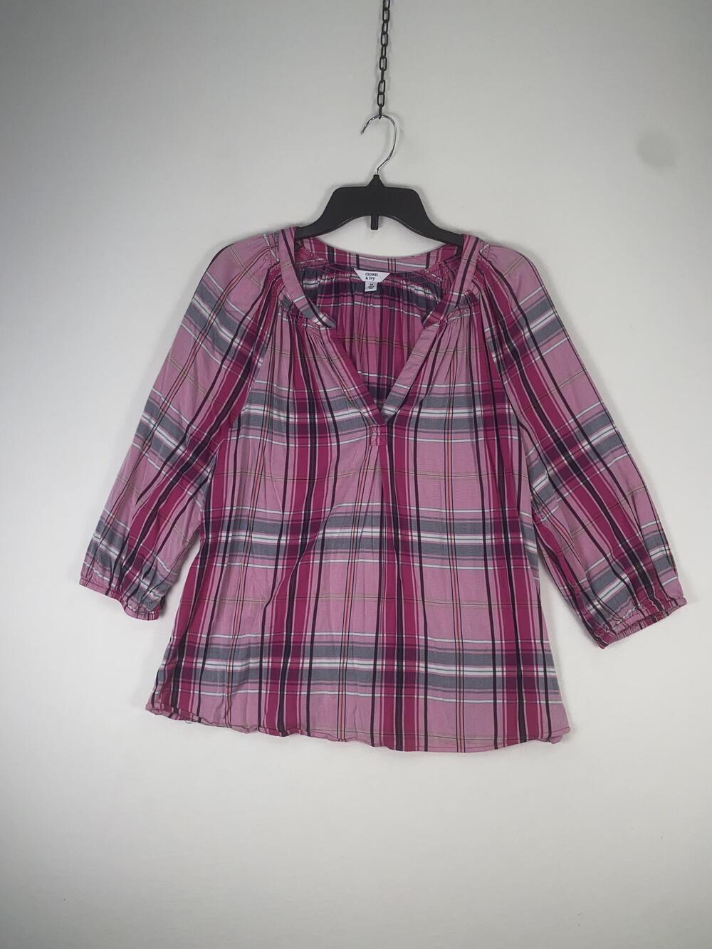 Crown & Ivy Blouse Womens Medium Pink Plaid 3/4 Raglan Sleeve V Neck Tunic Top